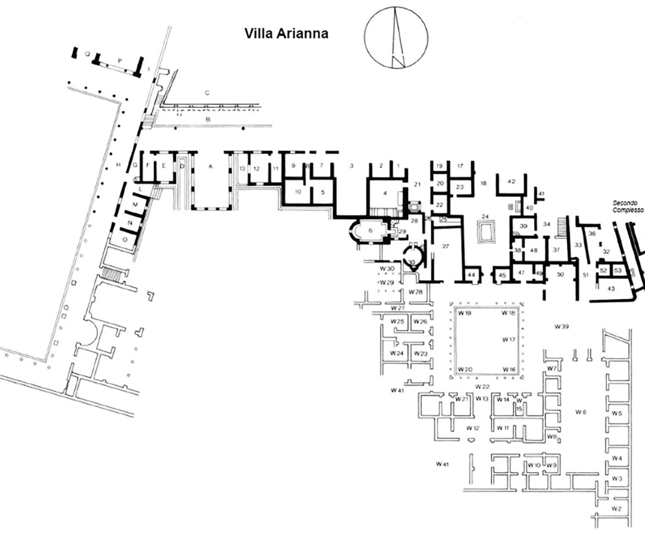 Stabiae, Villa Arianna. Plan after Kockel 1985 with corrections by Allroggen-Bedel A. and De Vos M.

See Kockel V., 1985. Funde und Forschungen in den Vesuvstadten 1: Archäologischer Anzeiger, Heft 3. 1985, Abb. 13.